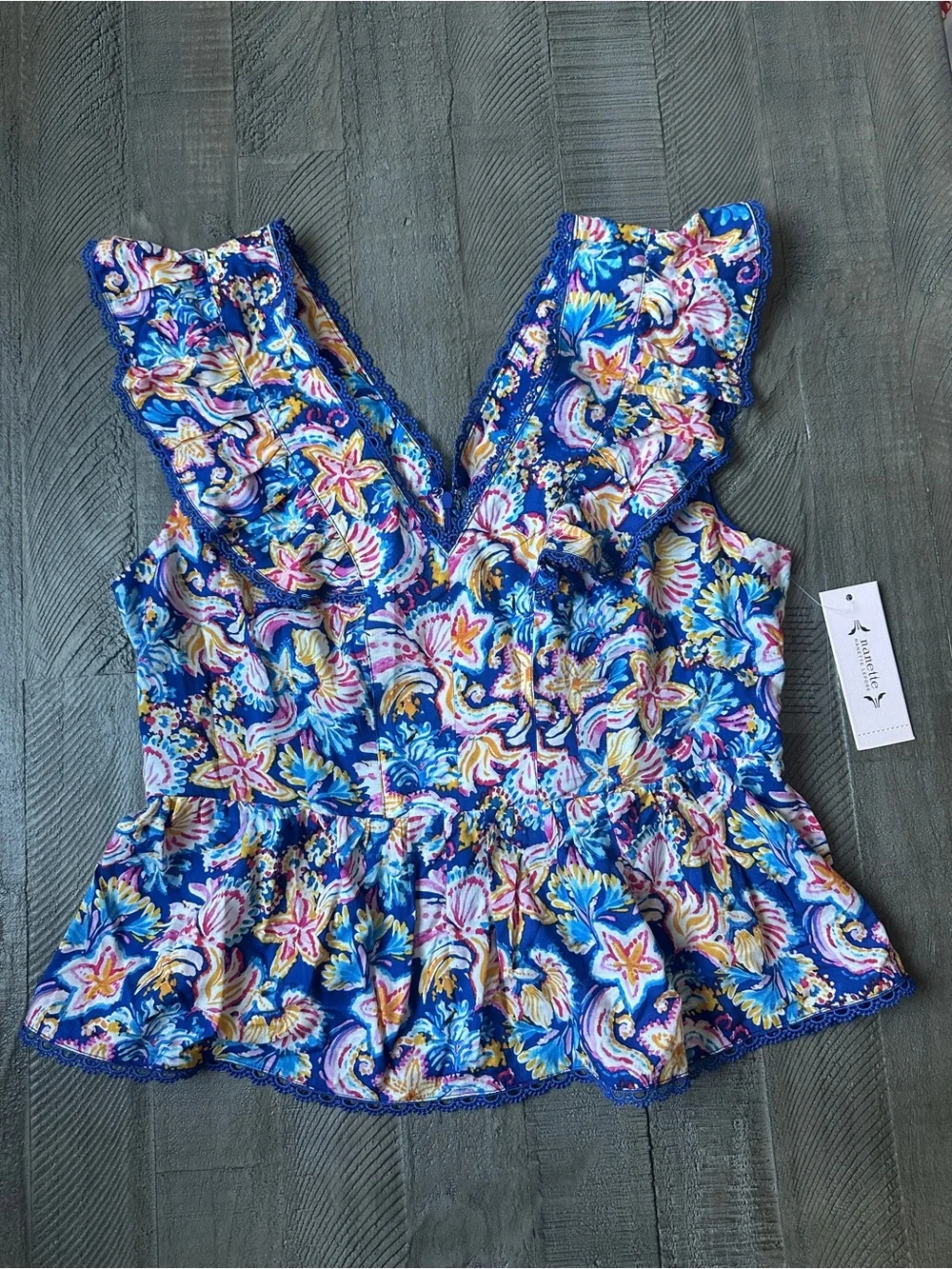NWT Nanette Lepore Womens Blue Floral Ruffle Peplum Tank Top Size Medium - Picture 2 of 9